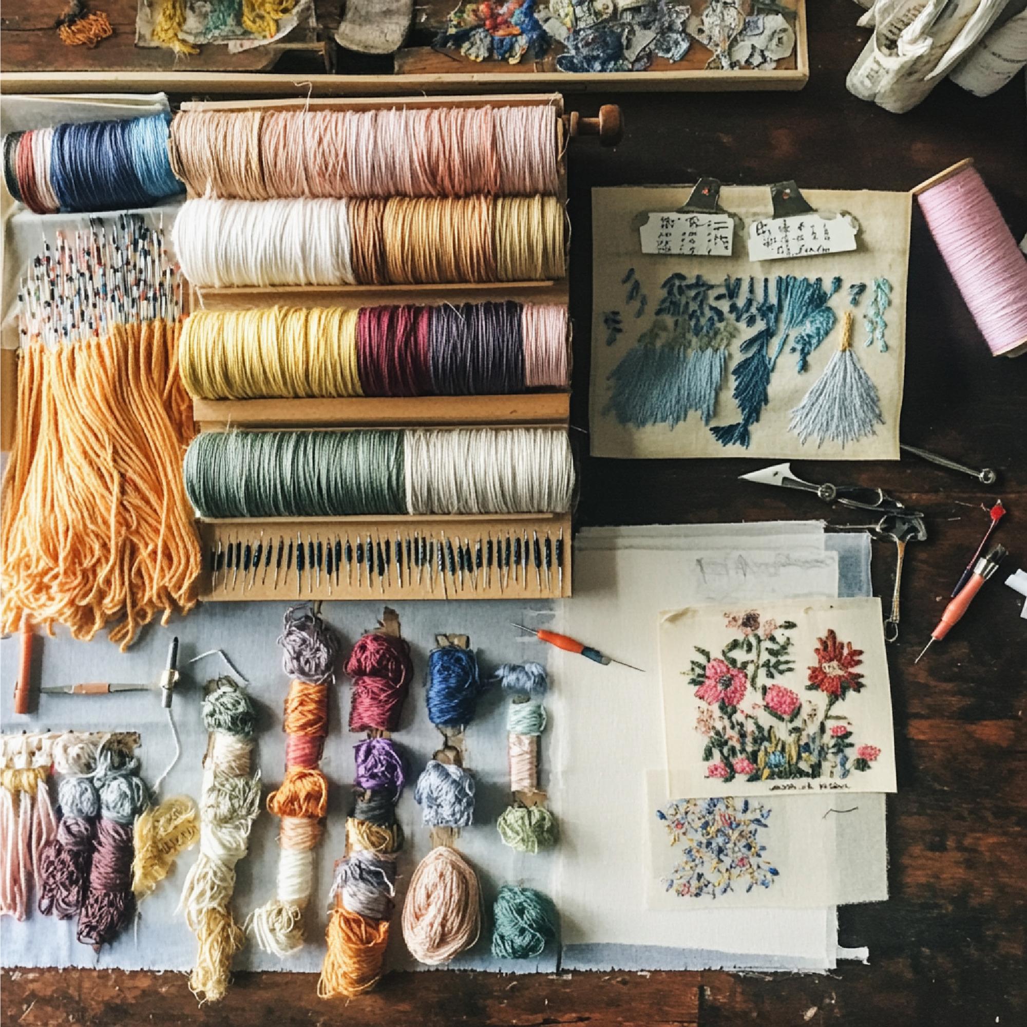 atelier table with threads and embroidered samples